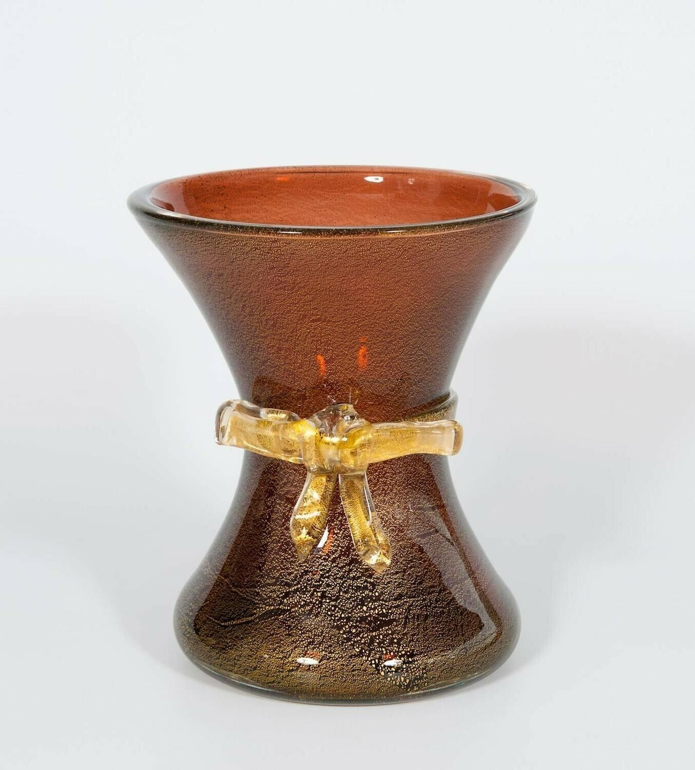 Vase With Bow Amber Color And Gold Finishes In Blown Murano Glass 1970s Italy photo for sale