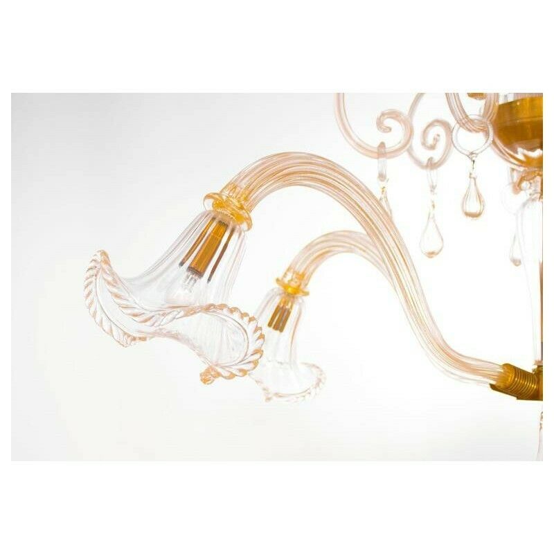 photo for sale Italian Chandelier In Gold And Blown Murano Glass, Big Bells And Pendants 1970s