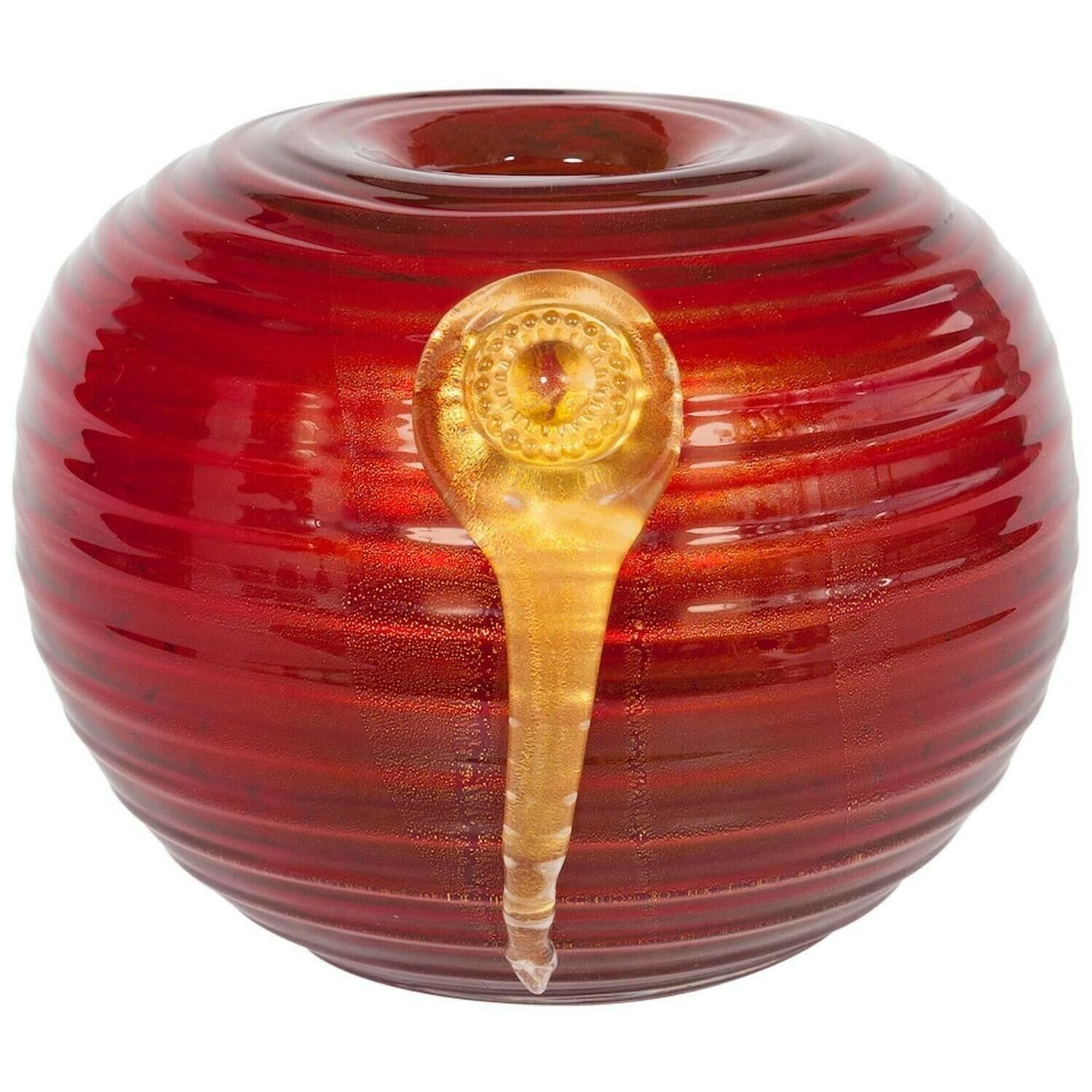 Massive Red And Gold Vase In Blown Murano Glass With Gold Drop, 1980s Italy