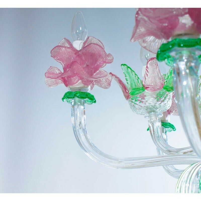 Handcrafted Italian "Flower" Murano Glass Chandelier Green And Pink 1990s photo buy