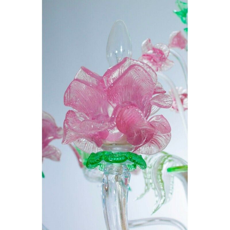 Handcrafted Italian "Flower" Murano Glass Chandelier Green And Pink 1990s photo vintage