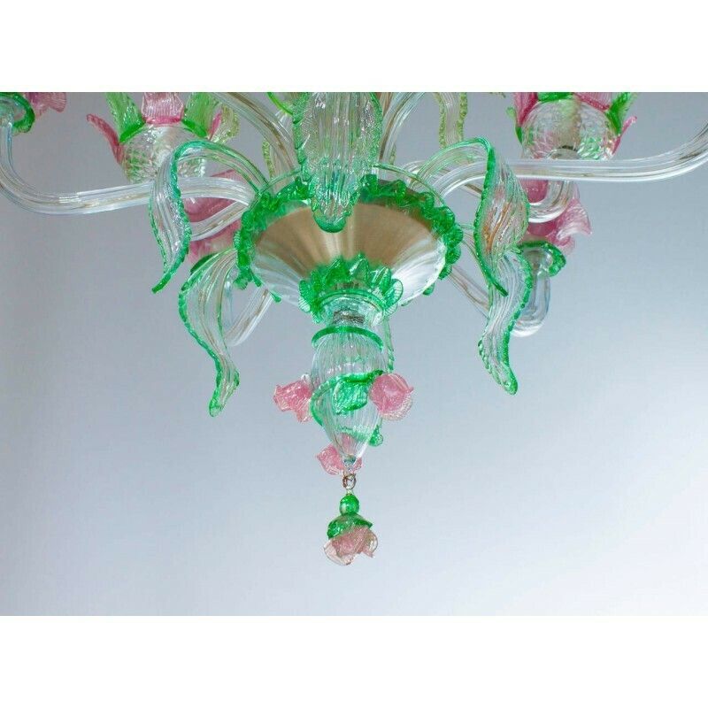 photo furniture Handcrafted Italian "Flower" Murano Glass Chandelier Green And Pink 1990s