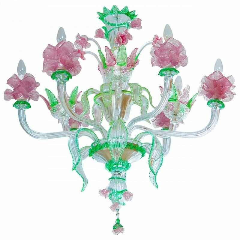 Handcrafted Italian "Flower" Murano Glass Chandelier Green And Pink 1990s