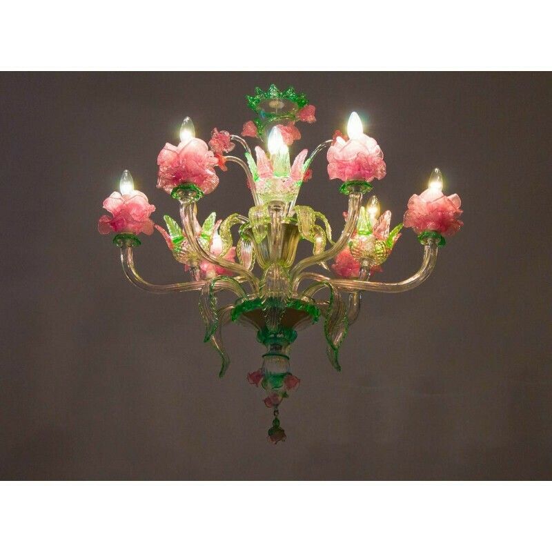 photo for sale Handcrafted Italian "Flower" Murano Glass Chandelier Green And Pink 1990s