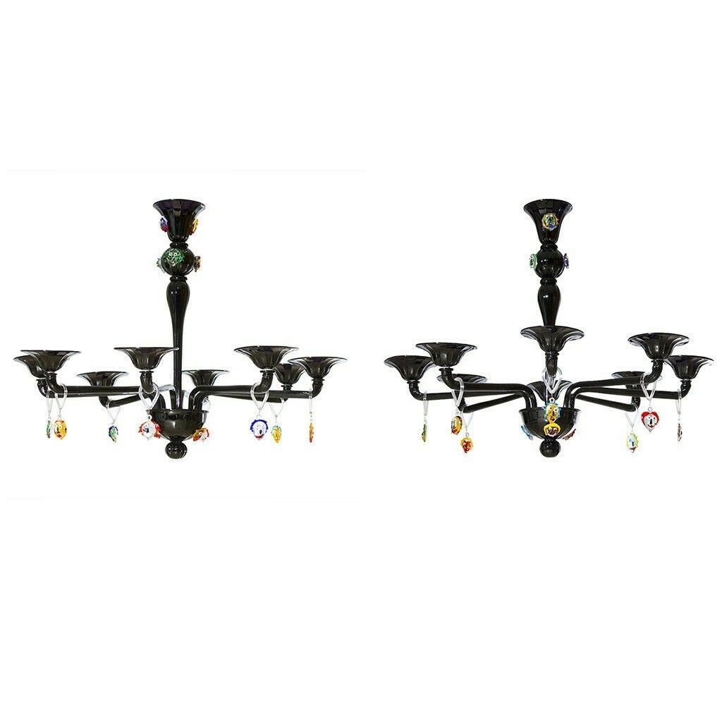 Modern Black Pair Of Chandeliers Picasso Sculpture In Blown Murano Glass, Italy