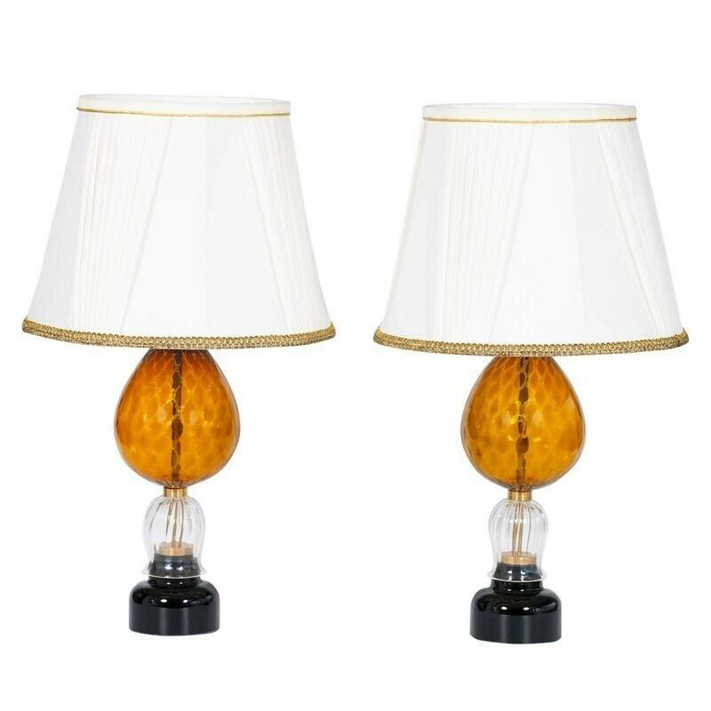 Italian Venetian, Pair Table Lamps, Blown Murano Glass, Amber & Dark, 1970s