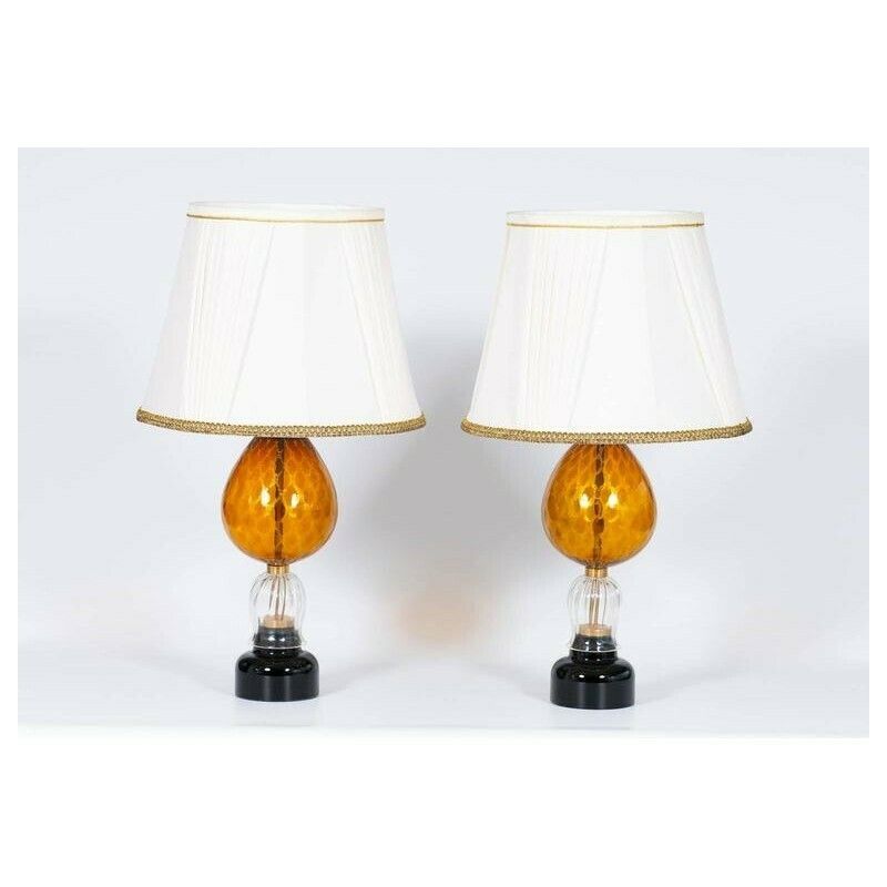 Italian Venetian, Pair Table Lamps, Blown Murano Glass, Amber & Dark, 1970s photo furniture