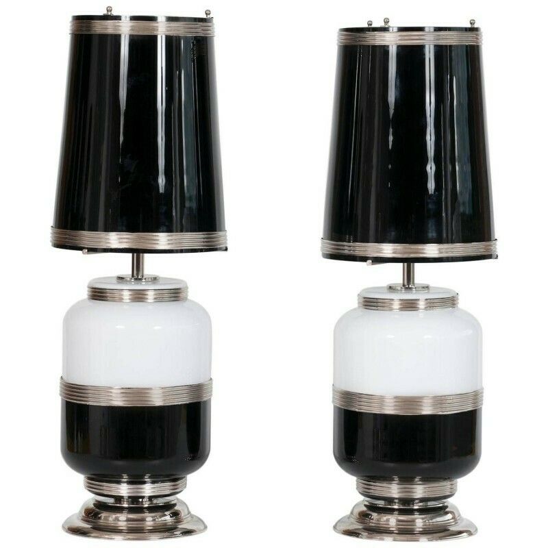 Black And White Pair Of Italian Murano Table Lamps 1960s