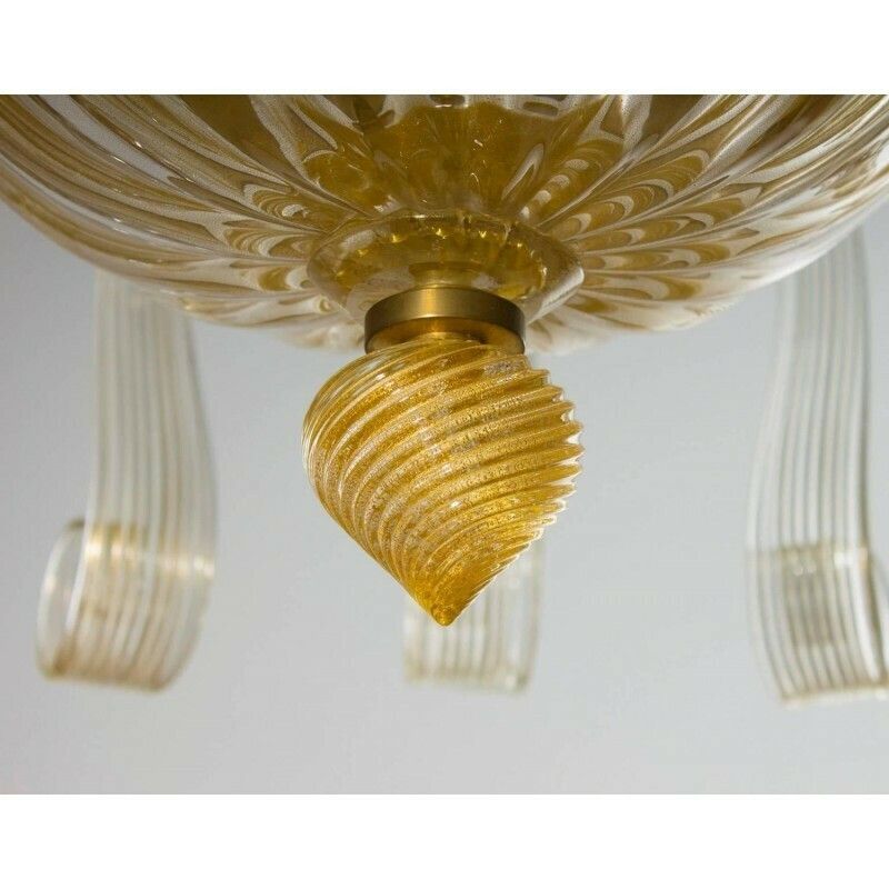 Italian Venetian Flush Mount In Blown Murano Glass Gold 24 K Pastorals 1980s photo vintage