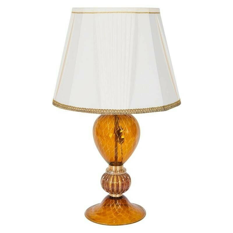 Italian Table Lamp In Blown Murano Glass Amber & 24 Karat Gold 1980s