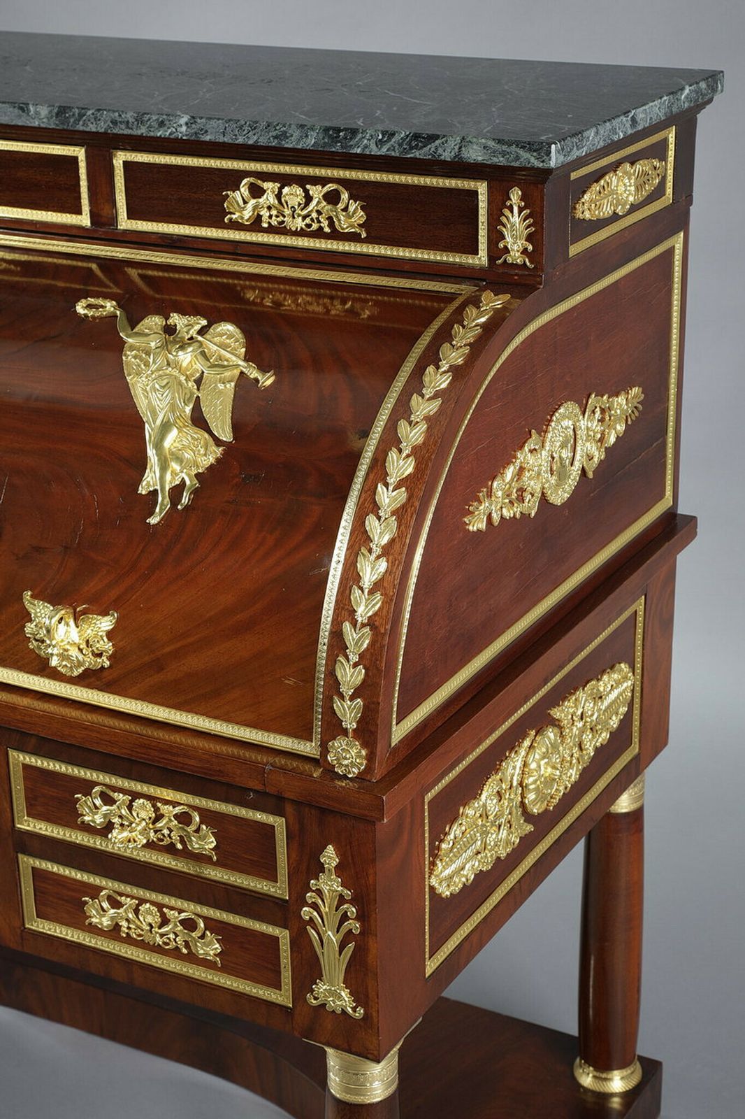 Mahogany And Gilded Bronze Cylinder Desk, Empire Style, 19th Century photo vintage