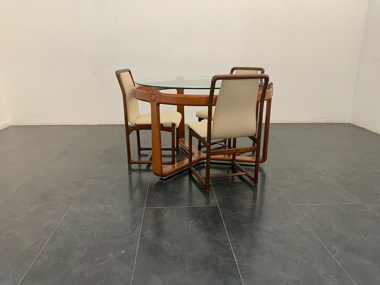 3 Chairs And Round Table In Wood And Glass, 1960s photo for sale