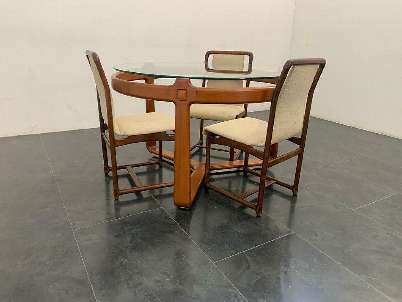 3 Chairs And Round Table In Wood And Glass, 1960s photo Furniture