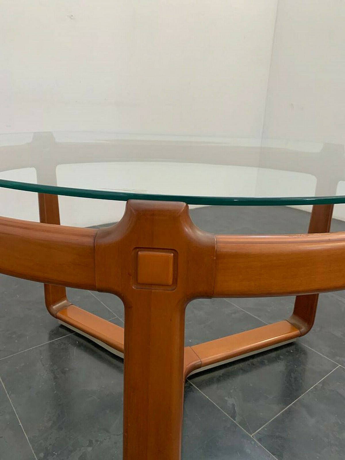3 Chairs And Round Table In Wood And Glass, 1960s photo vintage