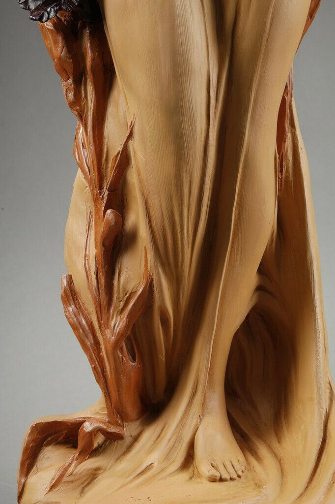 Polychrome Terracotta Sculpture, "Woman With A Basket" Signed Capaldo, 20th Century photo vintage