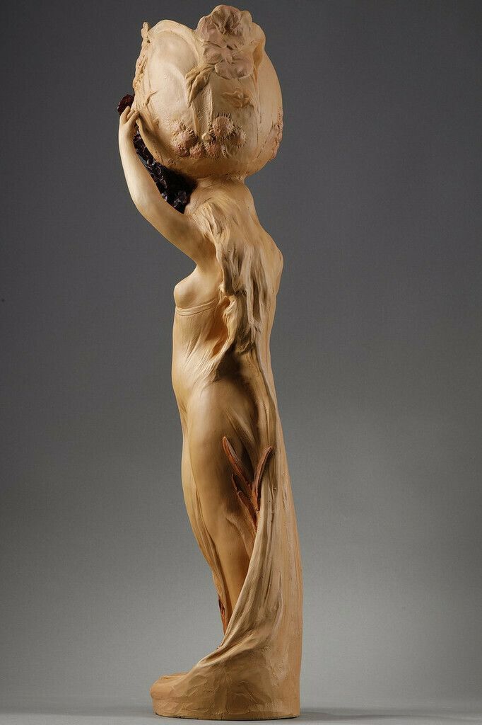 photo for sale Polychrome Terracotta Sculpture, "Woman With A Basket" Signed Capaldo, 20th Century