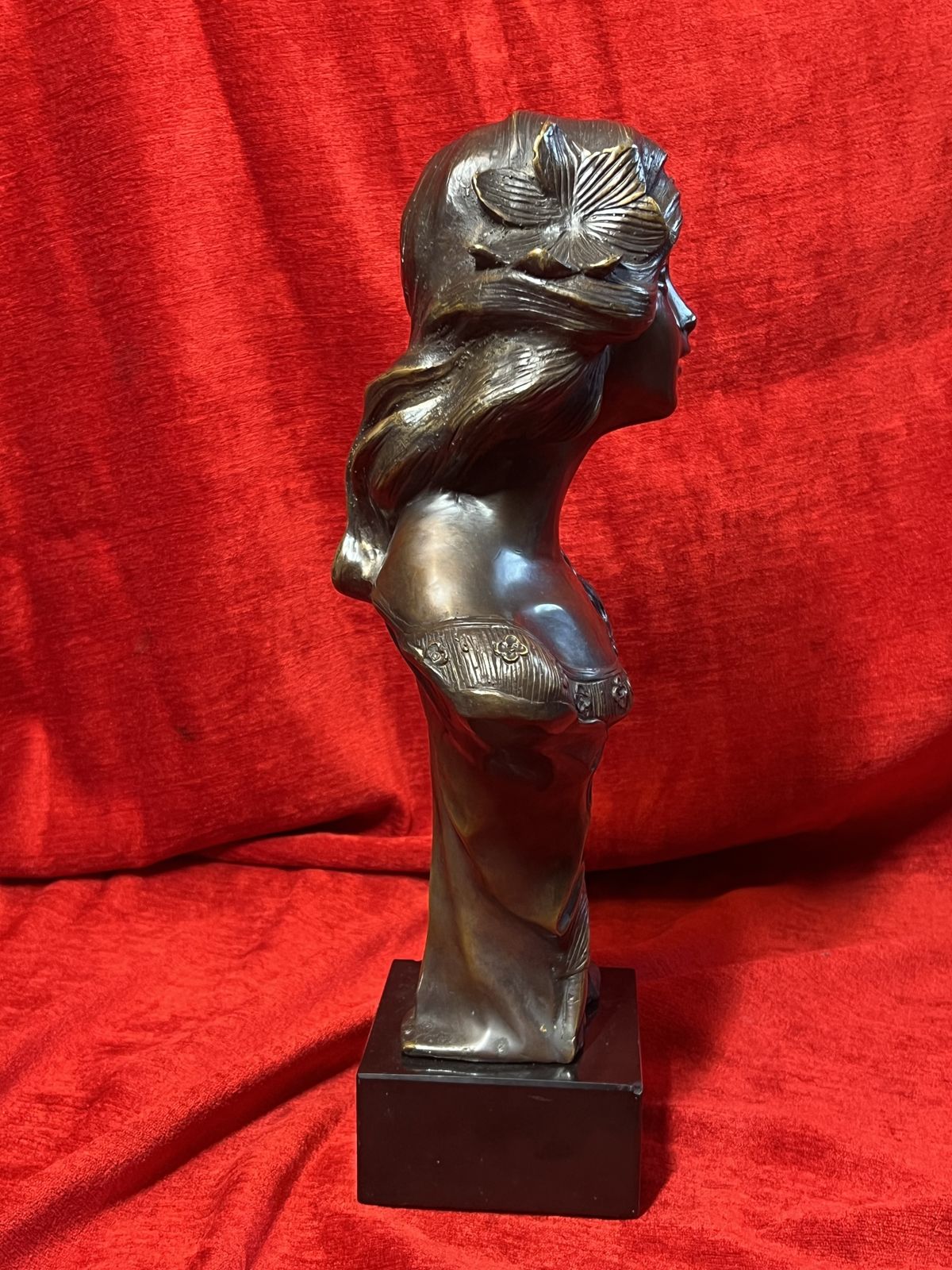 photo for sale Art Nouveau Mucha Bronze Idealised Female Bust With Floral Motifs Set Upon Black Marble Base