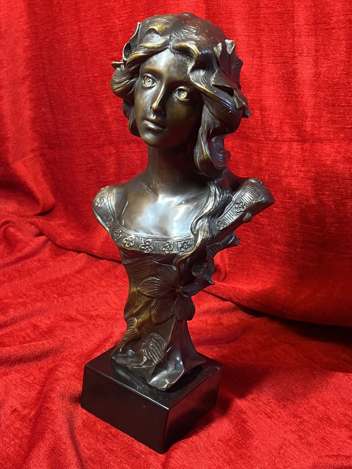 photo buy Art Nouveau Mucha Bronze Idealised Female Bust With Floral Motifs Set Upon Black Marble Base