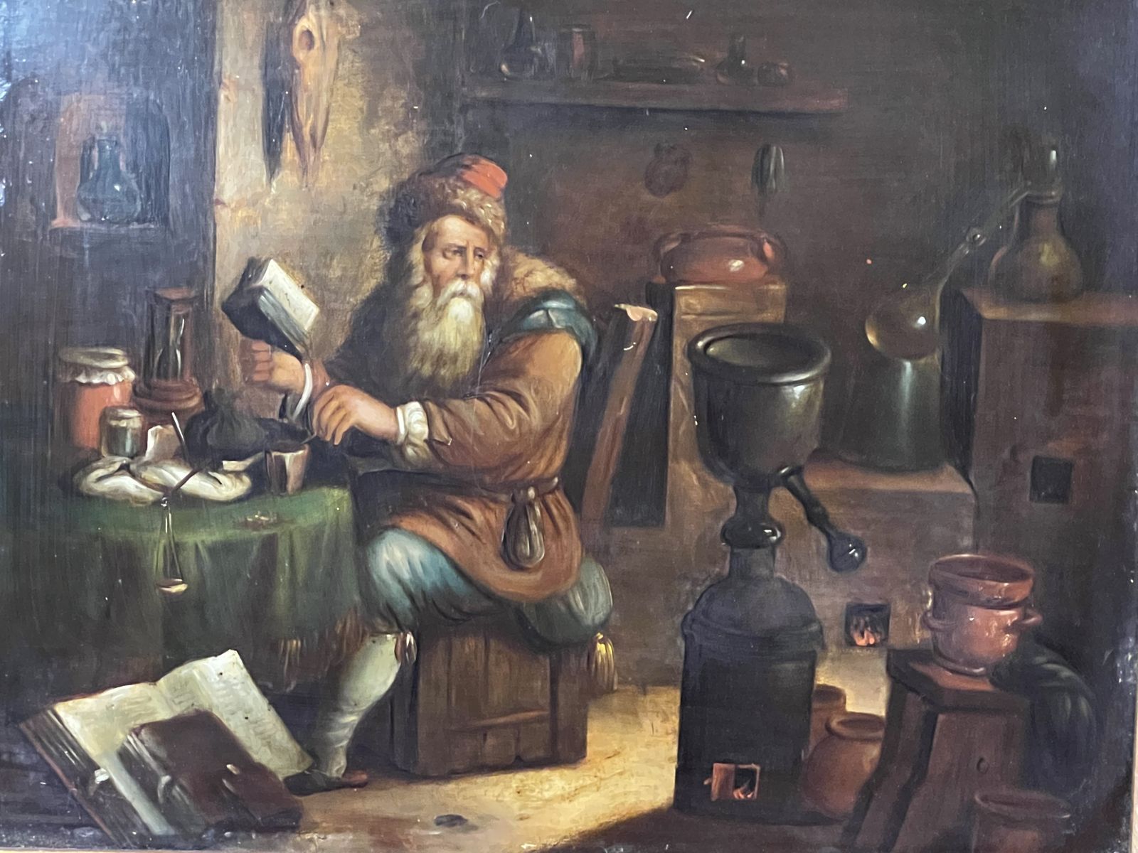 Fine Art Early 19th Century Dutch School Circle Of David Teniers The Younger Titled 'The Alchemist' Oil Painting Upon Copperl Panel photo for sale