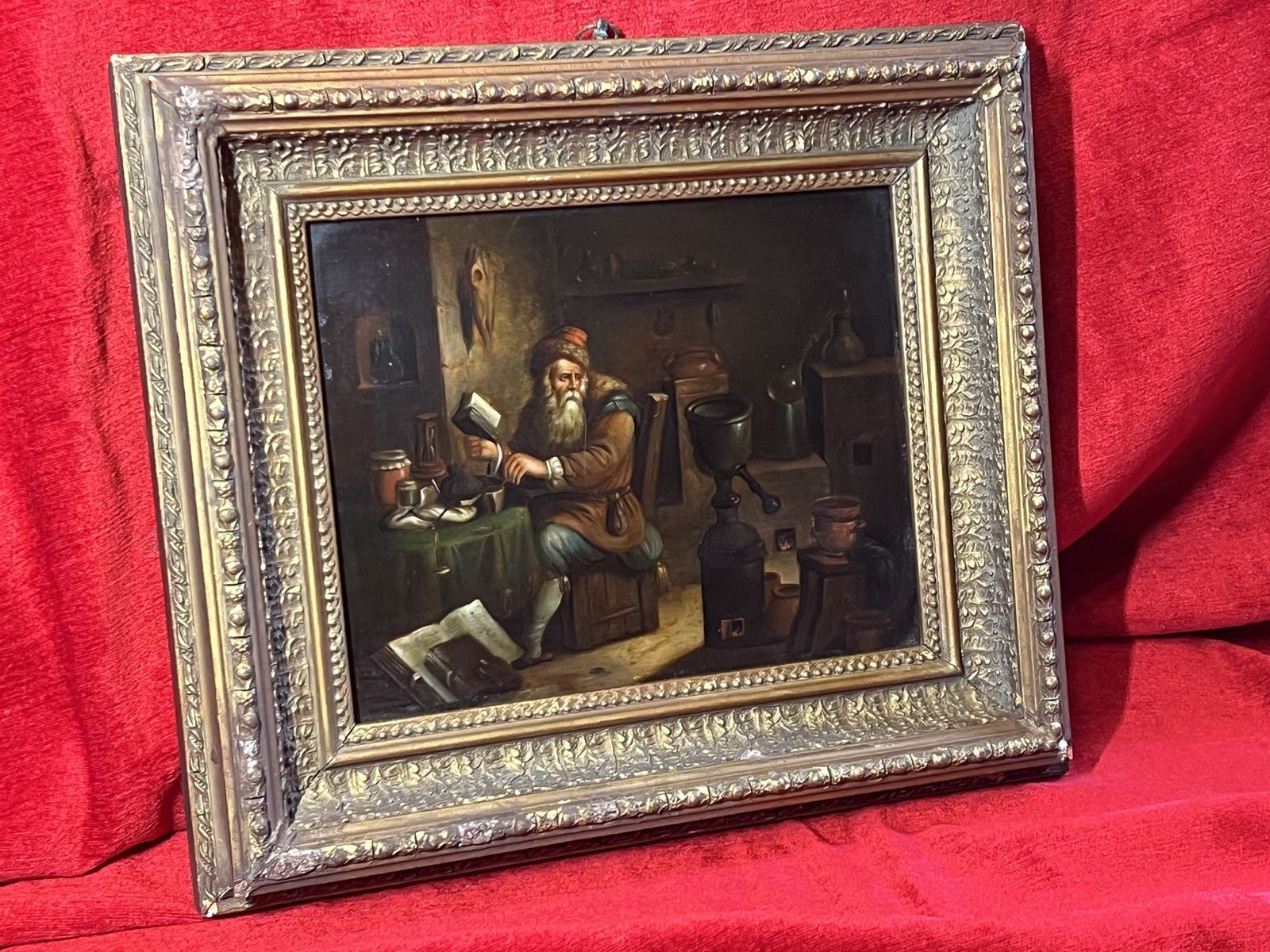 Fine Art Early 19th Century Dutch School Circle Of David Teniers The Younger Titled 'The Alchemist' Oil Painting Upon Copperl Panel photo vinterior