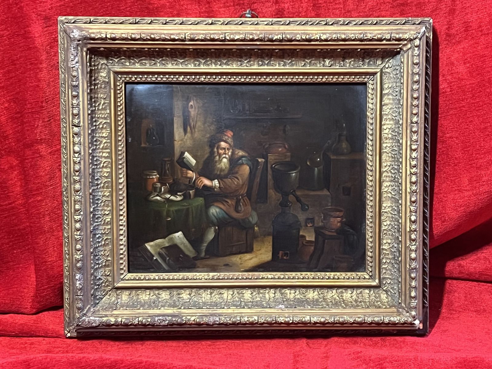 Fine Art Early 19th Century Dutch School Circle Of David Teniers The Younger Titled 'The Alchemist' Oil Painting Upon Copperl Panel photo vintage