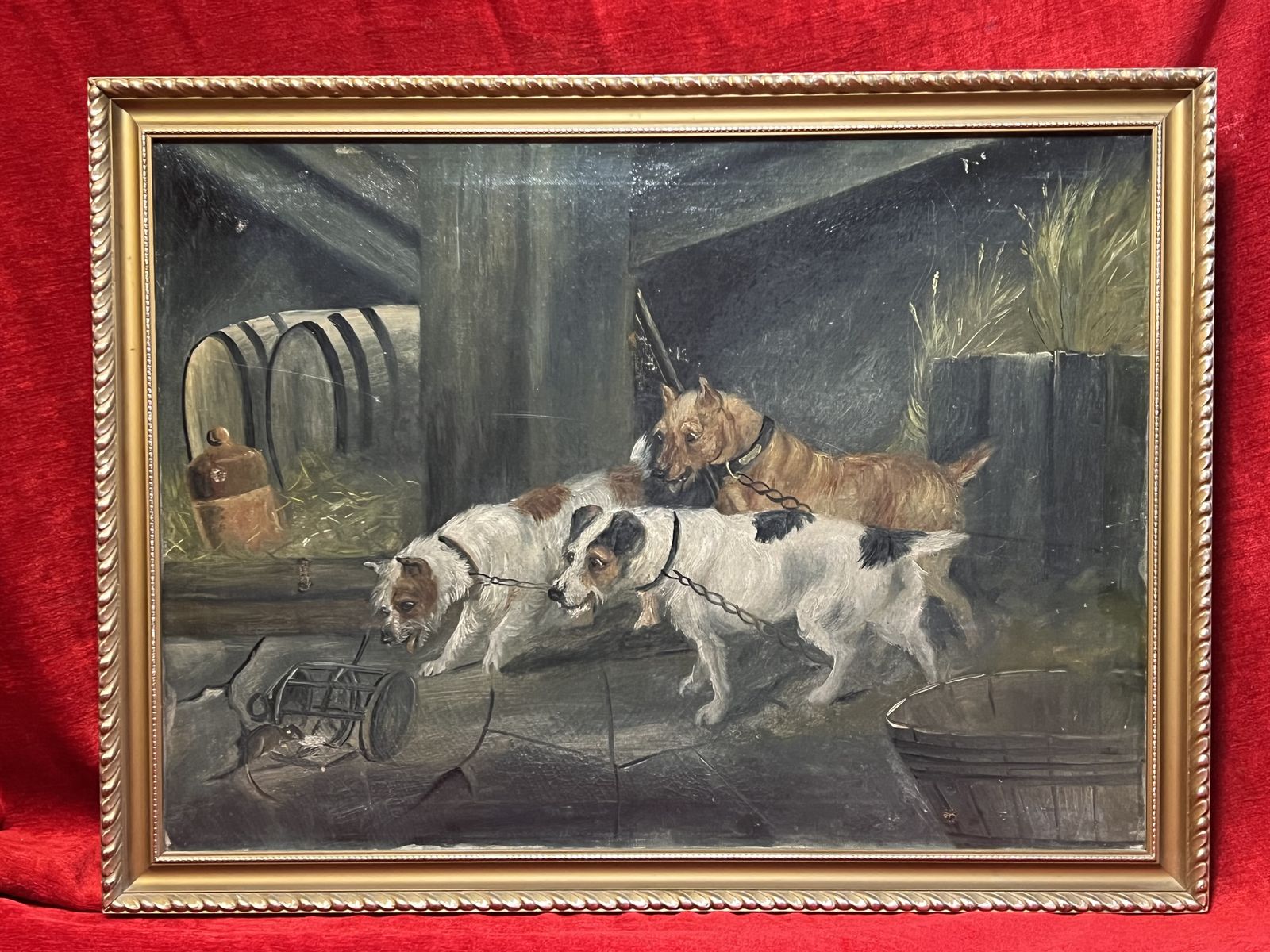 British 19th Century Oil Painting 'Terriers In Baited Breath' In The Manner Of British Artist Robert Cleminson photo furniture