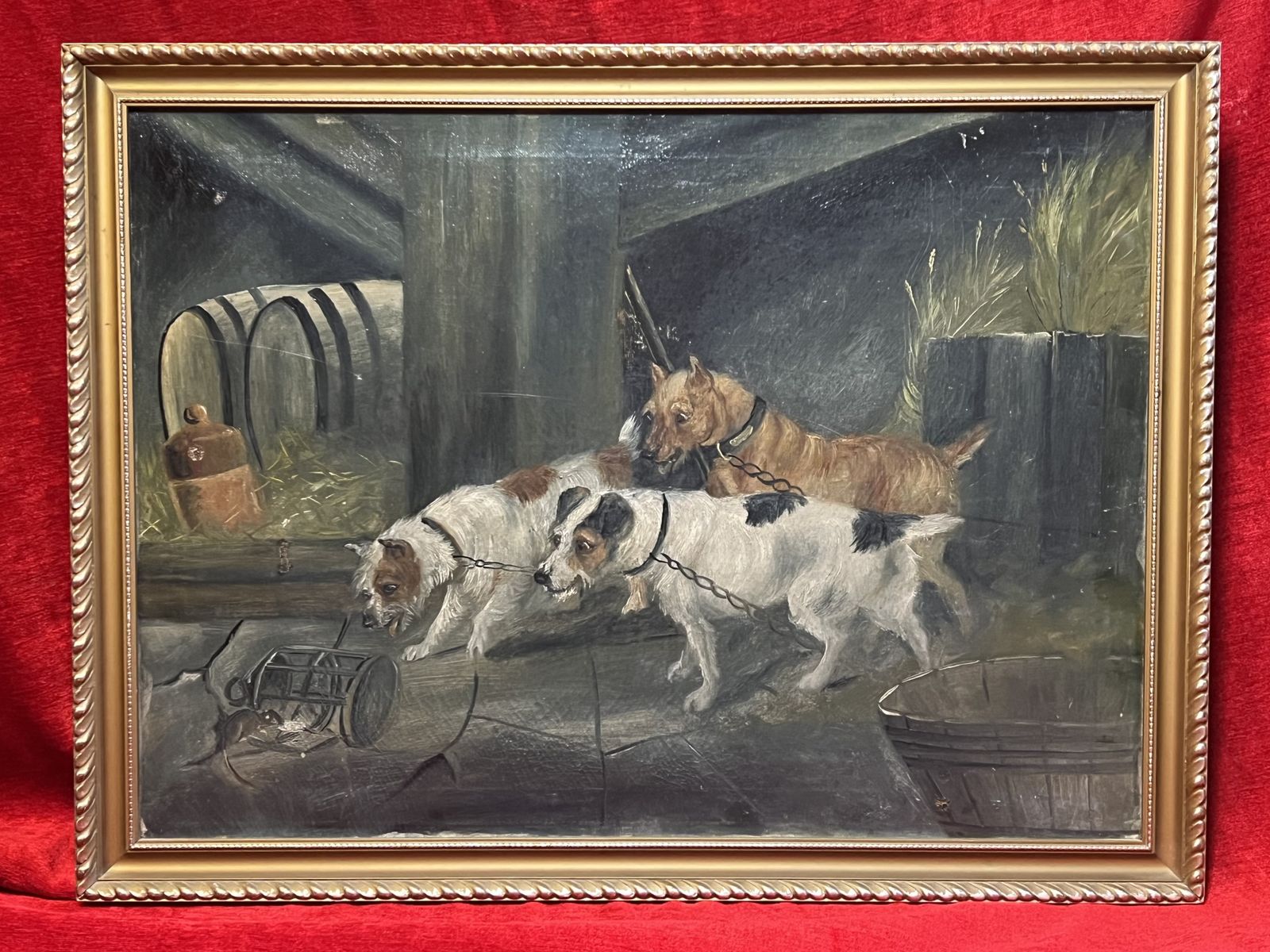 British 19th Century Oil Painting 'Terriers In Baited Breath' In The Manner Of British Artist Robert Cleminson photo for sale