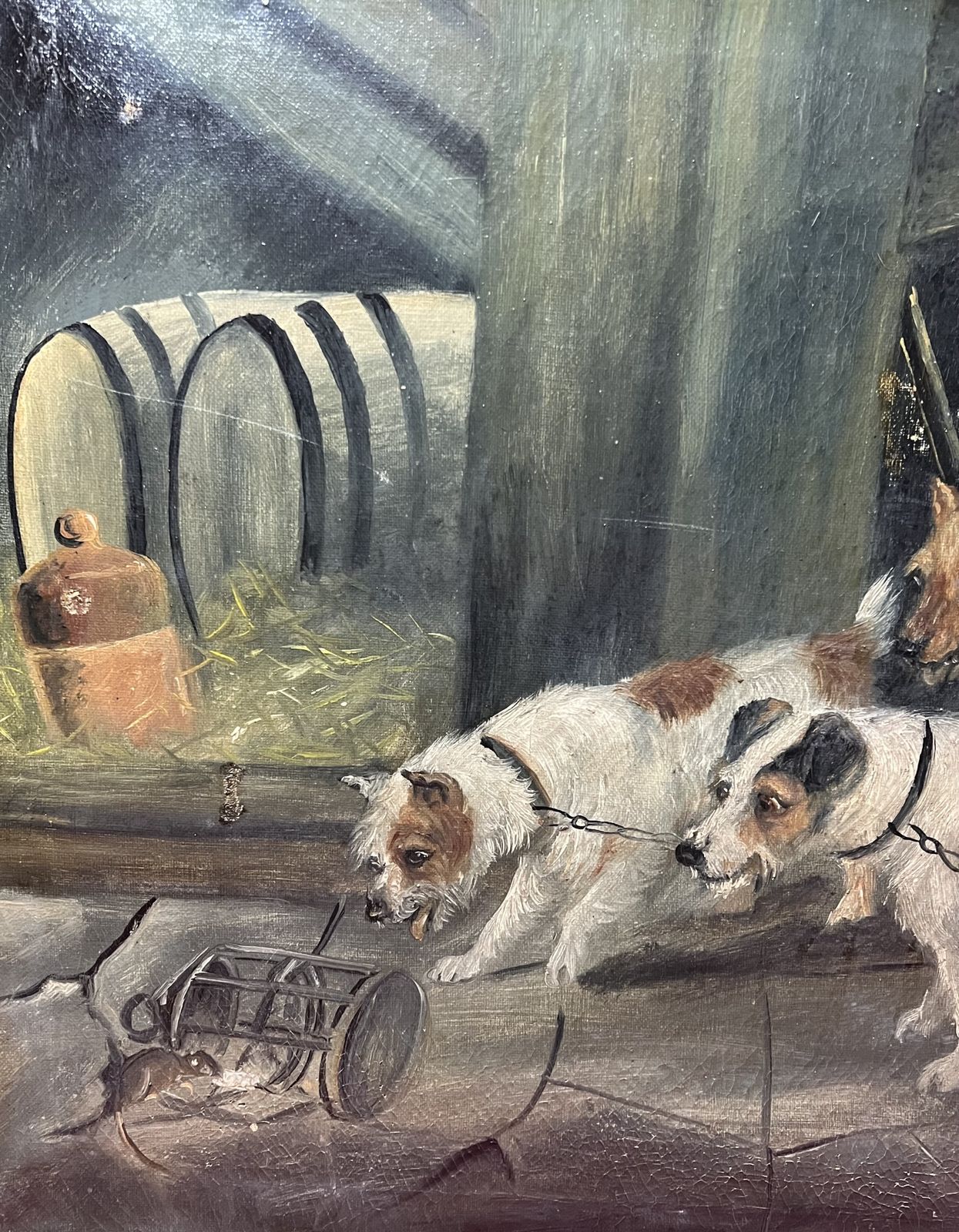 British 19th Century Oil Painting 'Terriers In Baited Breath' In The Manner Of British Artist Robert Cleminson photo vintage