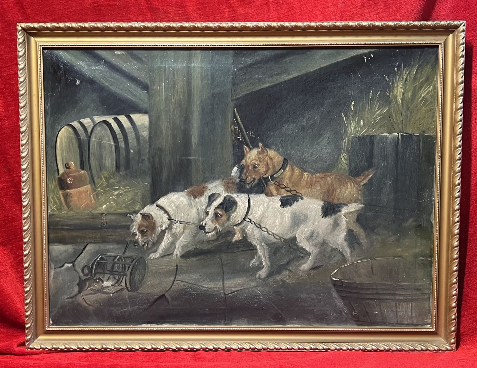1750.0 British 19th Century Oil Painting 'Terriers In Baited Breath' In The Manner Of British Artist Robert Cleminson photo