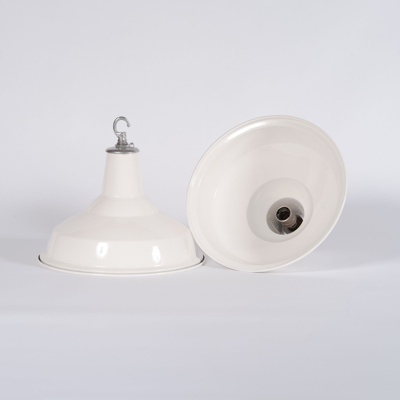 Pair Of Reclaimed White Enamel Industrial Pendants By Benjamin Electric photo vinterior