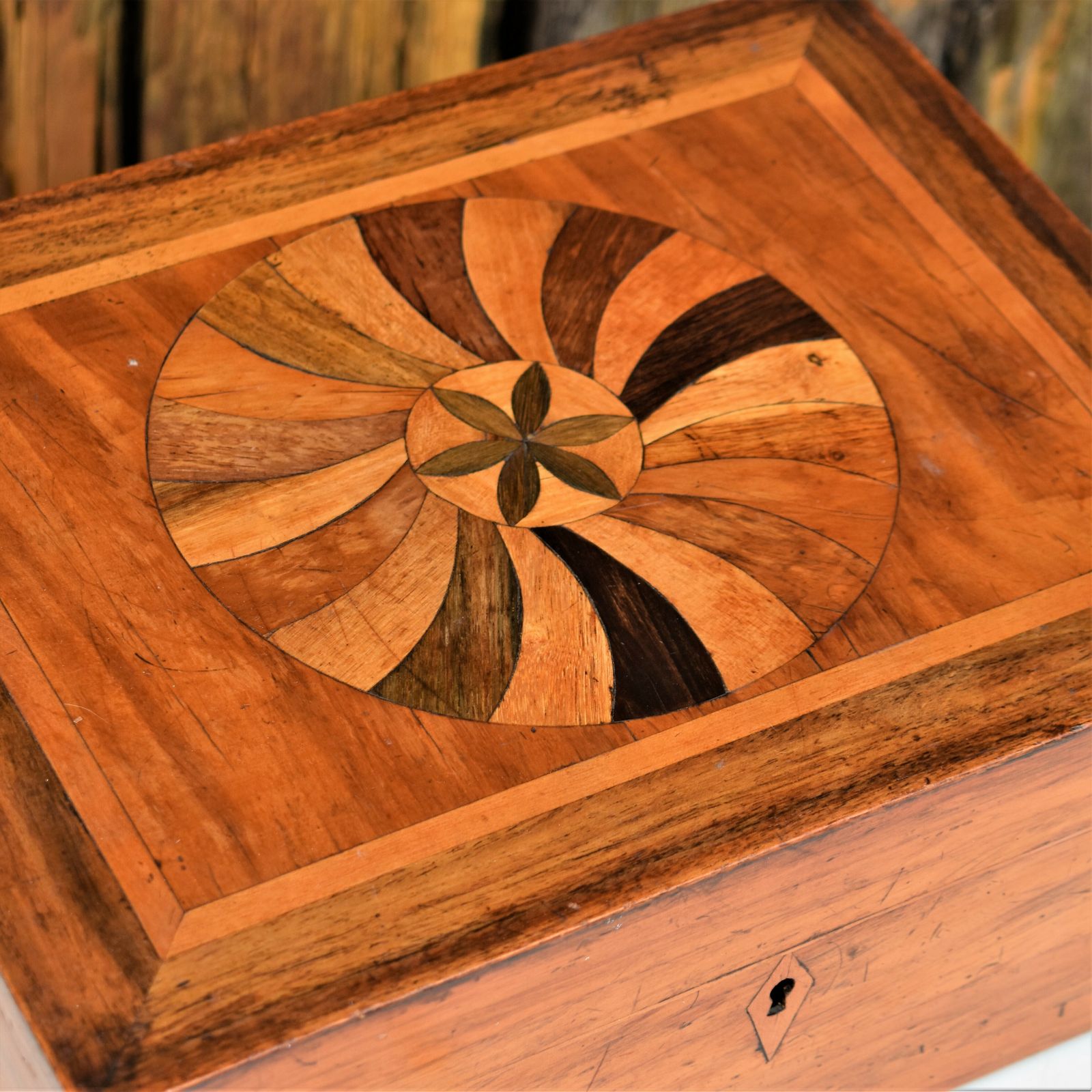 Antique Victorian English Marquetry Specimen Fruit Wood Sewing Jewellery Box photo for sale