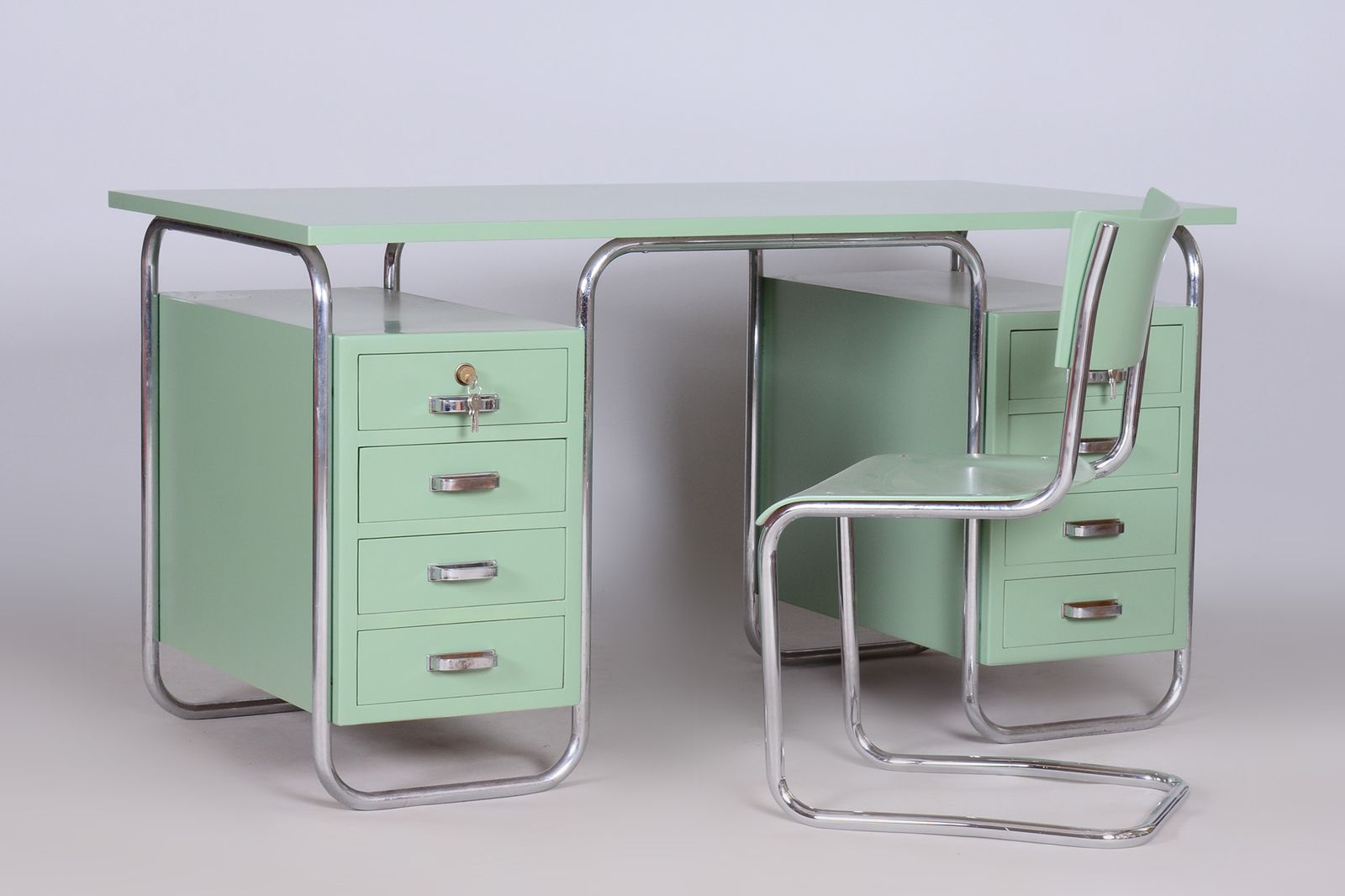 Bauhaus Writing Desk And Chair, Marcel Breuer, Thonet, Chrome Plated Steel, Lacquered Wood, Czechia, 1930s