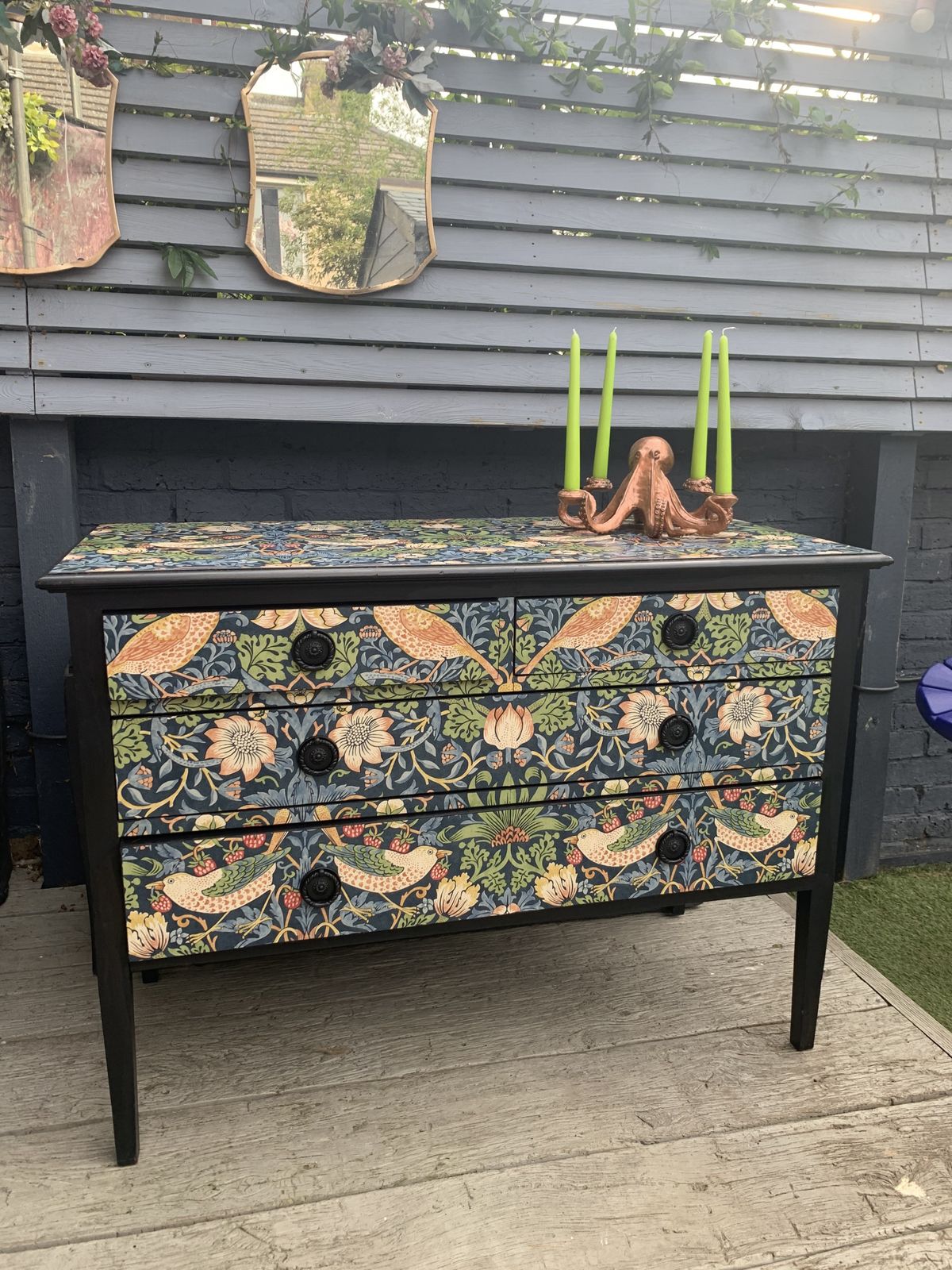“Ruby” William Morris Print “The Strawberry Thief” Decoupaged Set Of Drawers