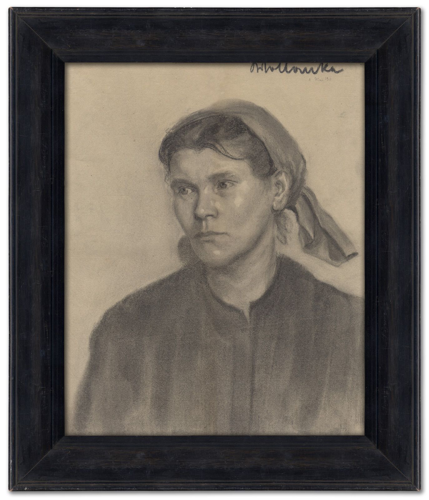 Elly Wollanke, “Untitled”, 1910, Haunting Signed Antique Charcoal Portrait