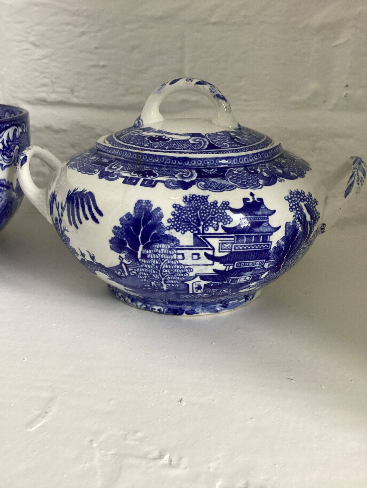 Antique W Ridgeway Semi China Willow Blue And White Sugar Bowl Lidded Pot Willow Blue Early Example 1850 1899