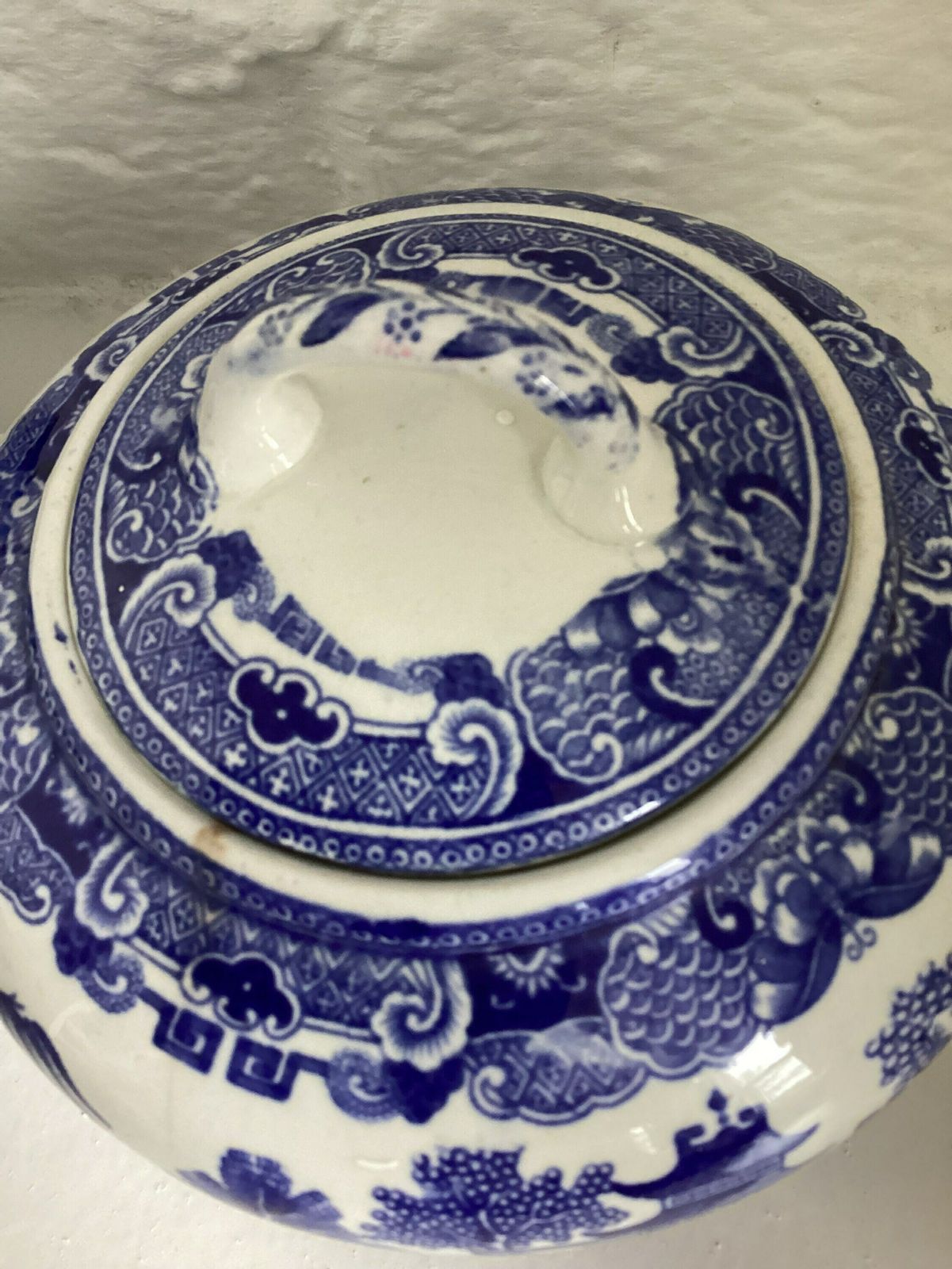 Antique W Ridgeway Semi China Willow Blue And White Sugar Bowl Lidded Pot Willow Blue Early Example 1850 1899 photo 150.0