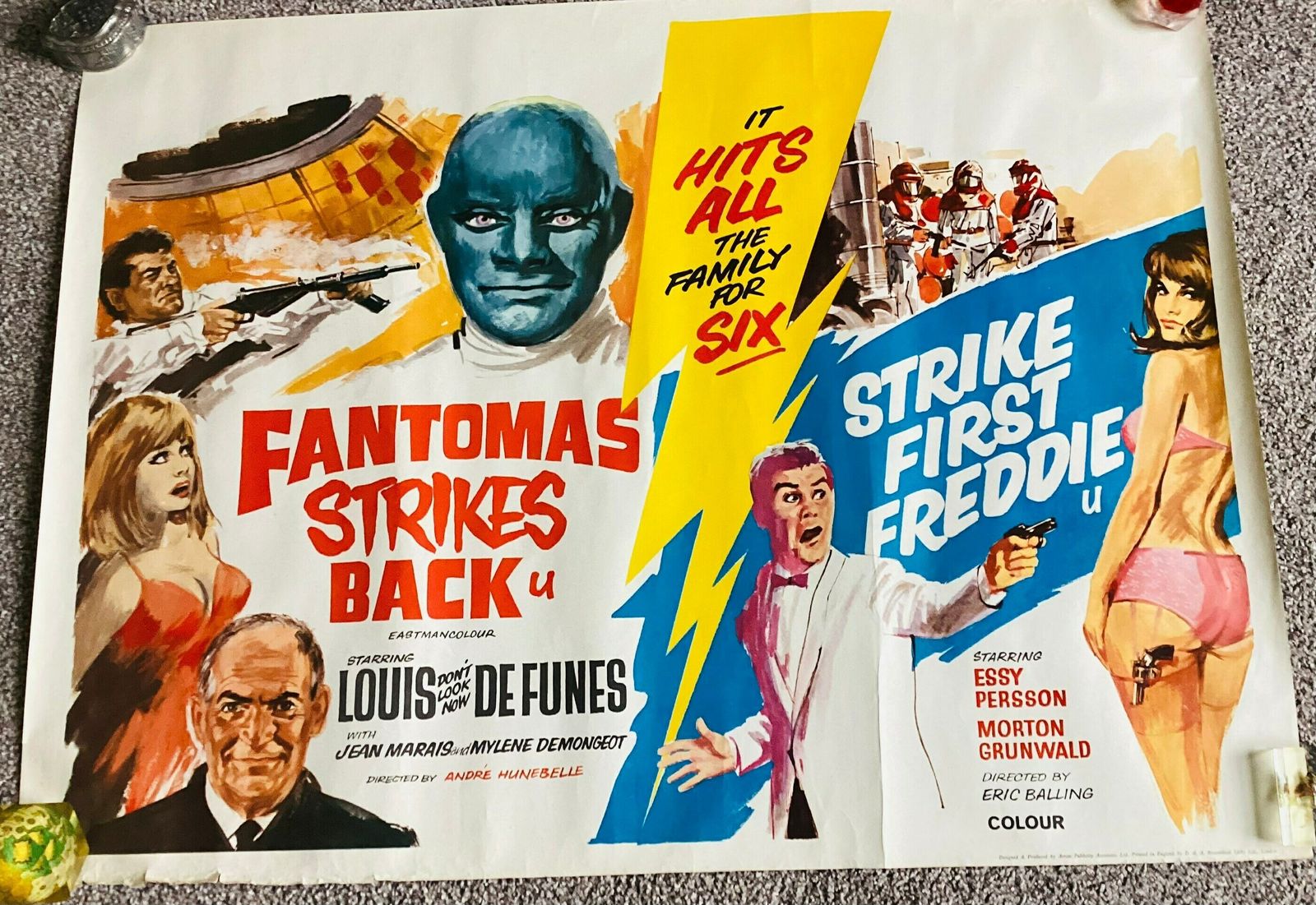 Vintage Large Original Rare 1960s Movie Poster Fantomas Fights Back Louis De Funes Strike First Freddie photo furniture