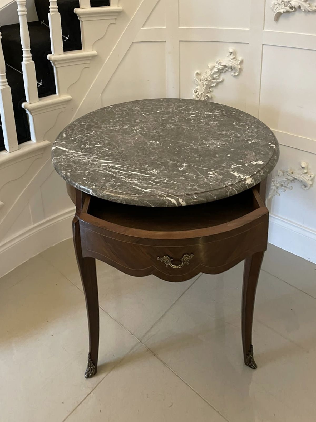 photo for sale Antique Quality French Freestanding Kingwood Marble Top Lamptable