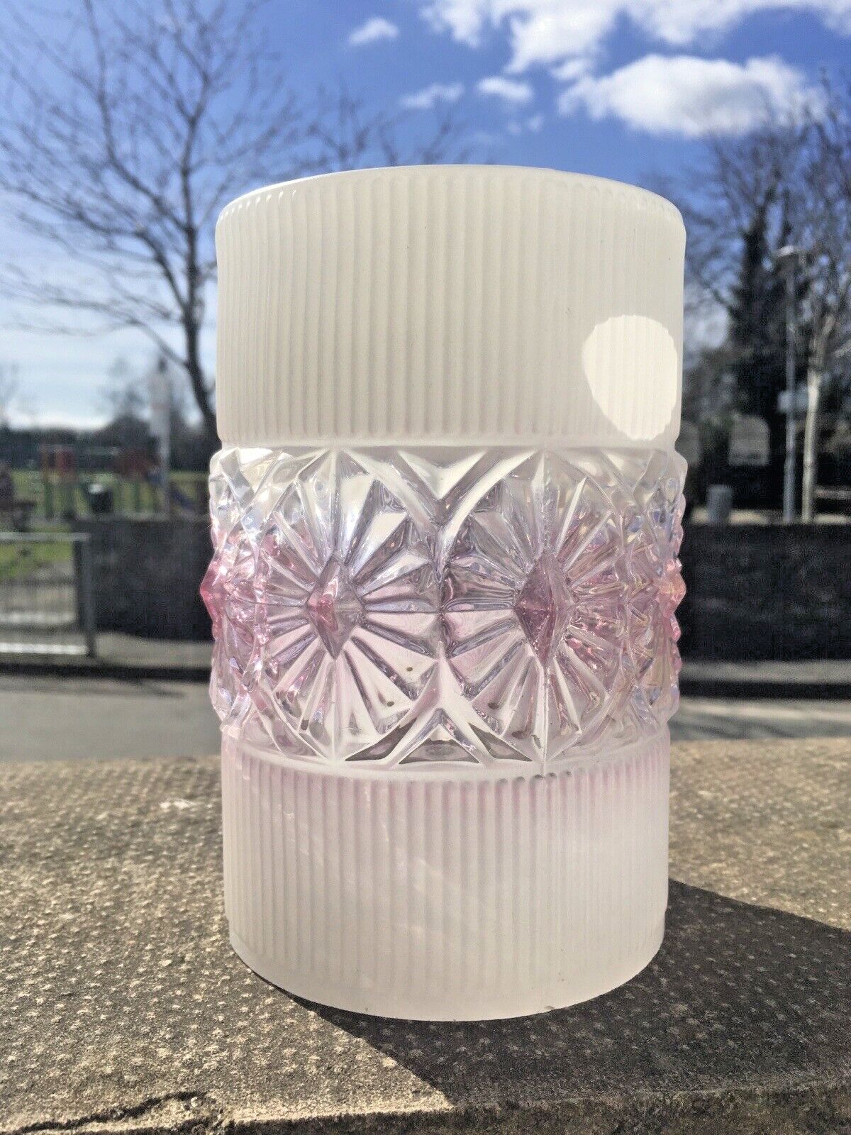 Retro 60's White & Lilac Rippled Textured Floral Glass Lamp Shade Vintage 70's photo for sale