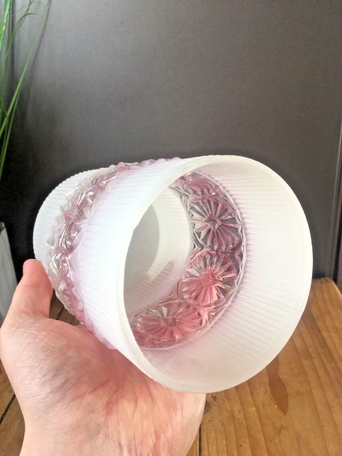 Retro 60's White & Lilac Rippled Textured Floral Glass Lamp Shade Vintage 70's photo vintage