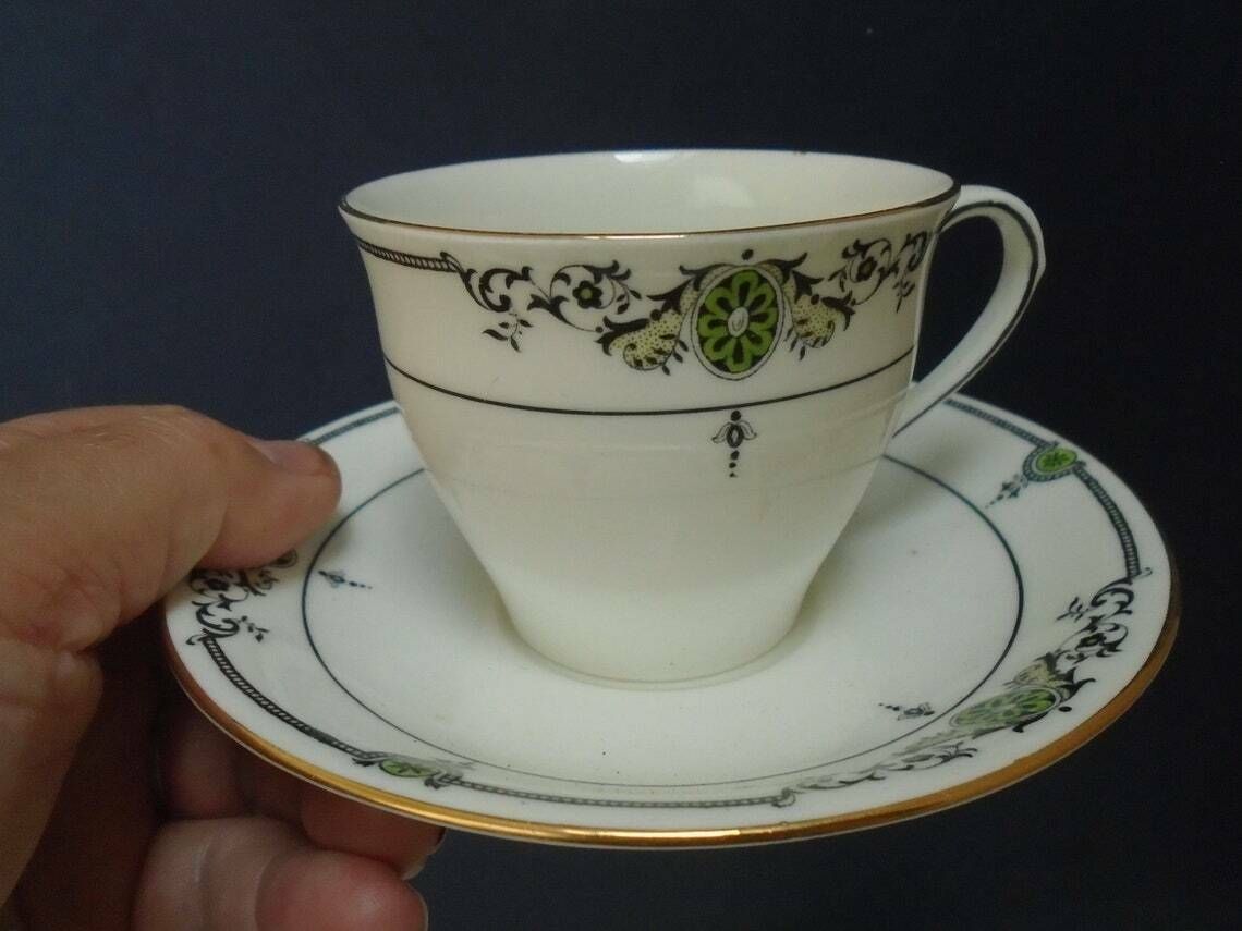 Antique Aynsley White Porcelain Tea Or Coffee Set 2 Demitasse Cups Saucers Tea Plates 1 Cake Serving Plate Black And Green Accents photo furniture