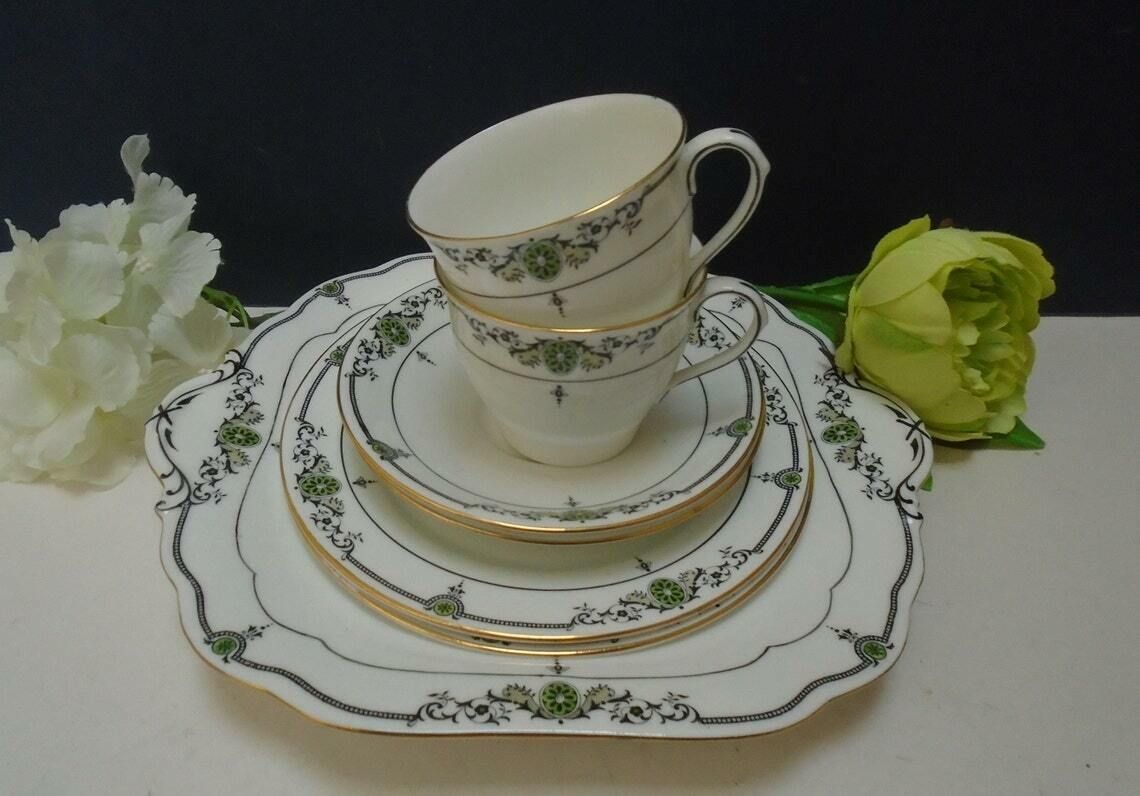 Antique Aynsley White Porcelain Tea Or Coffee Set 2 Demitasse Cups Saucers Tea Plates 1 Cake Serving Plate Black And Green Accents photo for sale