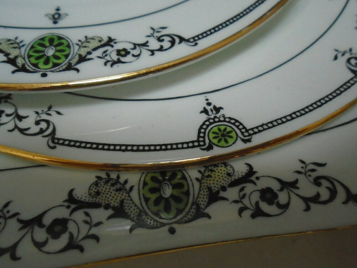 Antique Aynsley White Porcelain Tea Or Coffee Set 2 Demitasse Cups Saucers Tea Plates 1 Cake Serving Plate Black And Green Accents photo buy
