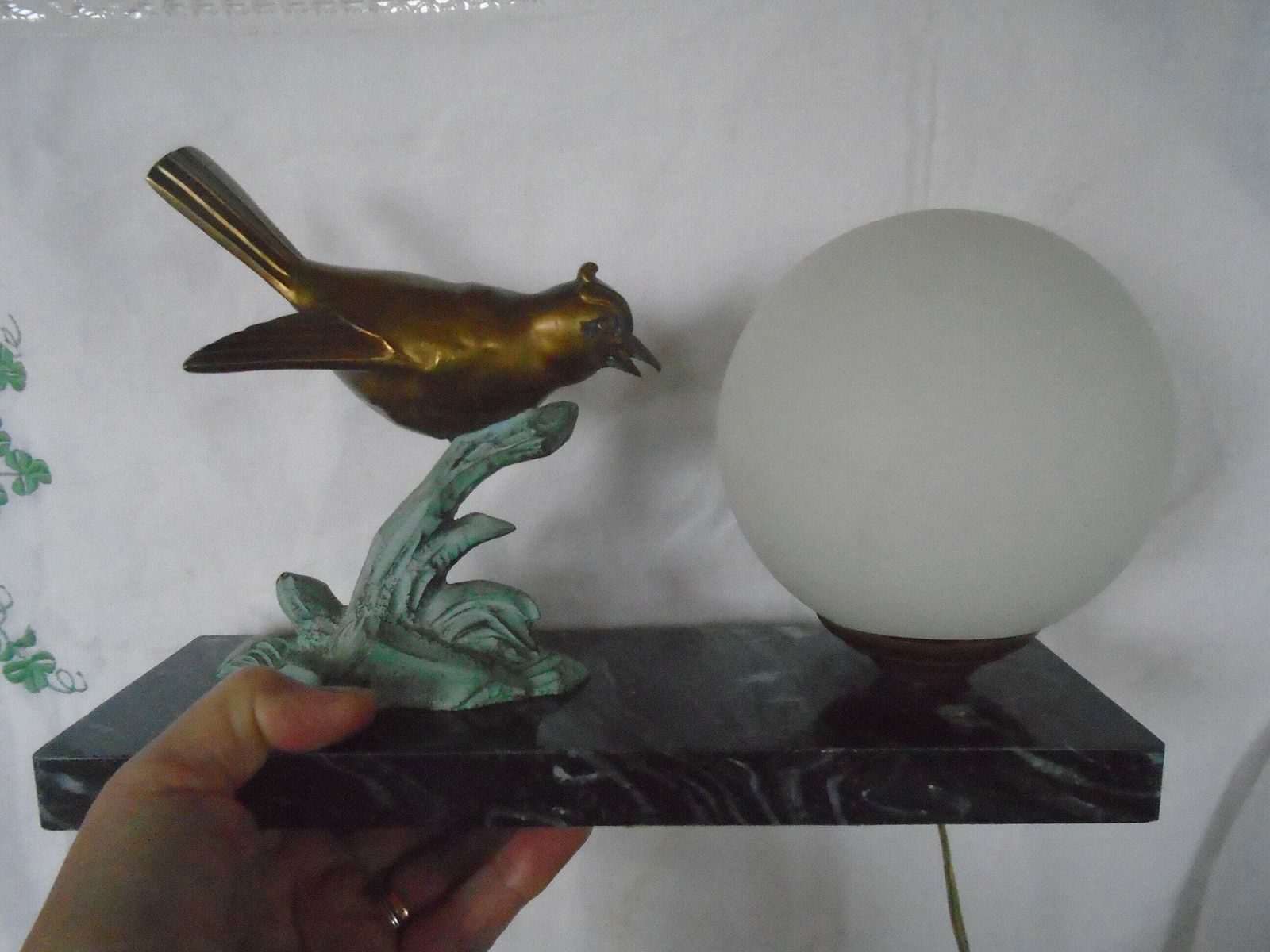 Vintage Art Deco French Marble, Brass And Glass Table Lamp, Gold Brass Bird And White Globe Shade