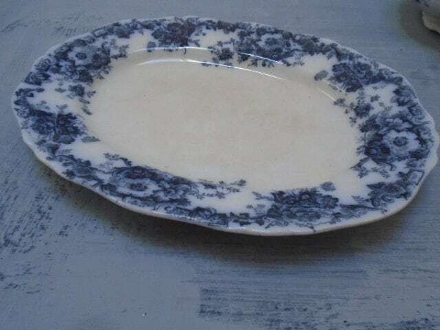 Antique Adderley English White And Blue Floral Ironstone Serving Plate, Oval Dish, Eton Indigo Blue photo vinterior