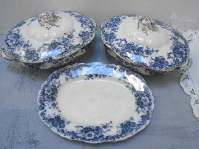 photo for sale Antique Adderley English White And Blue Floral Ironstone Tureen, Oval Lidded Serving Dish, Eton Indigo Blue
