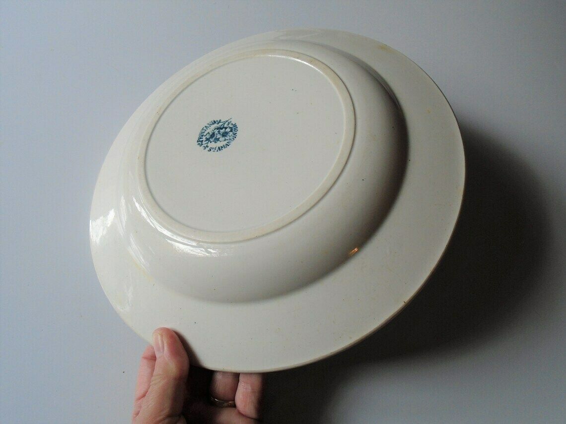 Antique French Ironstone Cream And Green Blue Transferware Serving Dish St. Amandinoise Printania photo buy