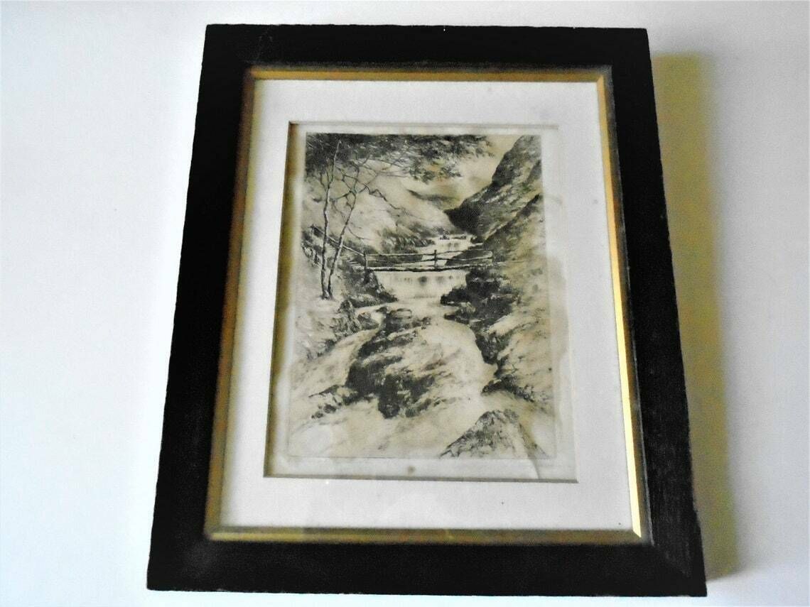 Framed Antique Black And White Lithograph Entitled Watersmeet Lynmouth Signed By Artist England