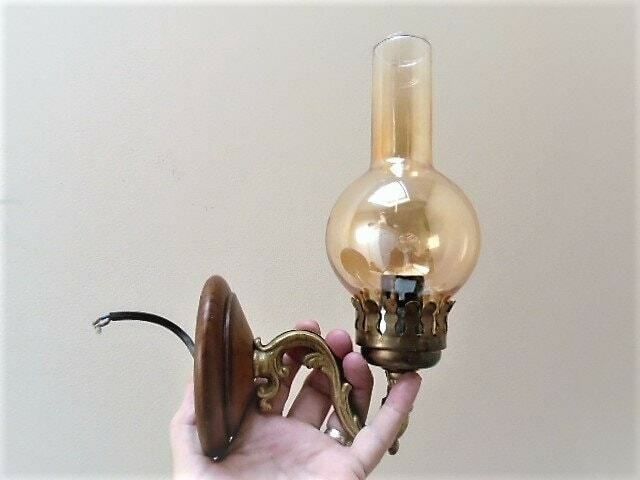 photo for sale Vintage French Brass Wall Sconce With Pale Orange Glass Glass Shade, Electric Wall Lamp