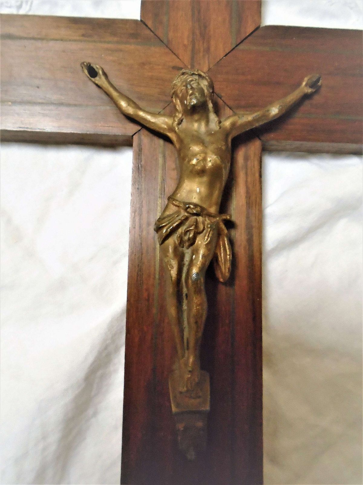 Antique French Art Deco Inlaid Wood Wall Crucifix With Bronze Corpus Of Christ photo 87.0
